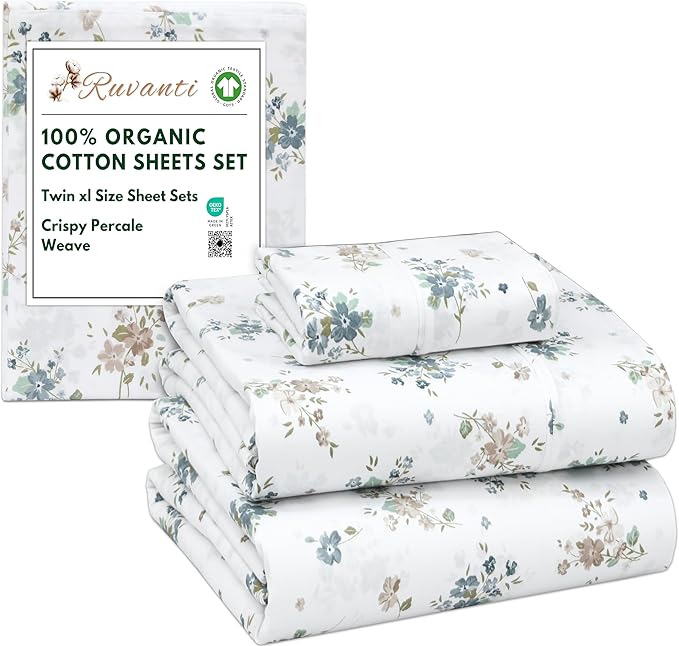 RUVANTI 100% Organic Cotton Sheets Twin XL, Percale Weave, GOTS Certified, 3-Piece Set, Deep Pocket 15", Crisp & Breathable, Soft Durable Bedding, Sábanas Algodón Orgánico – Halcyon