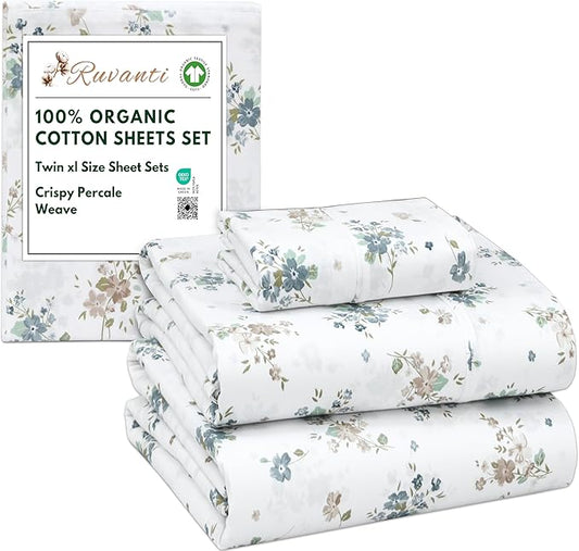 RUVANTI 100% Organic Cotton Sheets Twin XL, Percale Weave, GOTS Certified, 3-Piece Set, Deep Pocket 15", Crisp & Breathable, Soft Durable Bedding, Sábanas Algodón Orgánico – Halcyon