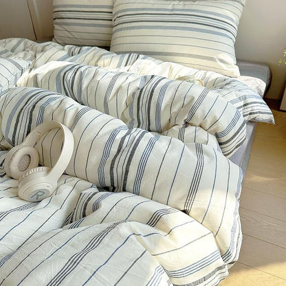 EAVD Vintage Blue Grey and White Striped Duvet Cover Full Soft 100% Cotton Chic Stripes Bedding Set with 2 Pillowcases Retro Geometric Duvet Cover with Zipper Closure Corner Ties