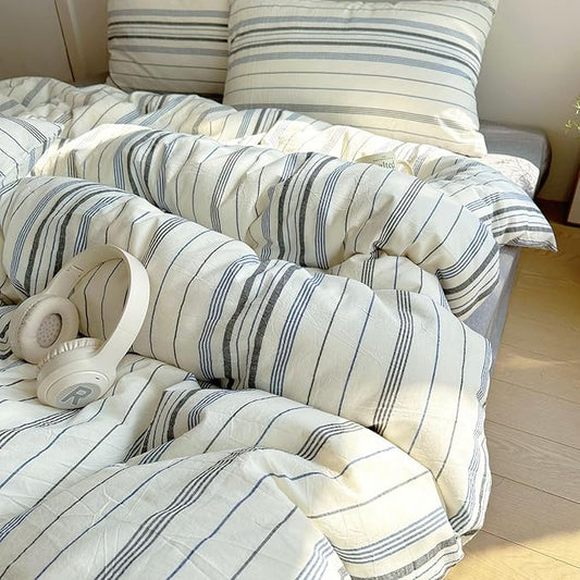 EAVD Retro Blue&Grey Striped Comforter Set Twin XL Soft Cotton 3-Piece Vintage Bedding Set with 2 Pillowcases Boho Vertical Stripes Geometric Comforter Set for All-Season Breathable Lightweight