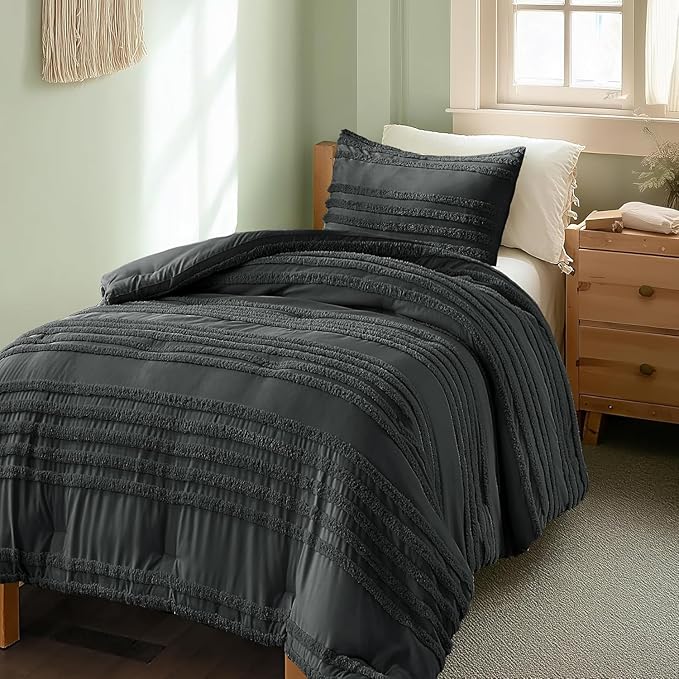 BEDELITE Boho Twin/Twin XL Comforter Set，Dark Grey Tufted Striped Bed Set 2 Pieces, Soft Vintage Farmhouse Comforter for College, Boho Home Dorm Decor, Fluffy Jacquard Bedding with 1 Pillow Sham