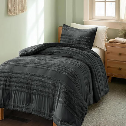 BEDELITE Boho Twin/Twin XL Comforter Set，Dark Grey Tufted Striped Bed Set 2 Pieces, Soft Vintage Farmhouse Comforter for College, Boho Home Dorm Decor, Fluffy Jacquard Bedding with 1 Pillow Sham