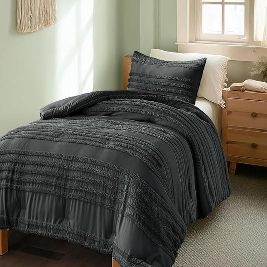 BEDELITE Boho Twin/Twin XL Comforter Set，Dark Grey Tufted Striped Bed Set 2 Pieces, Soft Vintage Farmhouse Comforter for College, Boho Home Dorm Decor, Fluffy Jacquard Bedding with 1 Pillow Sham