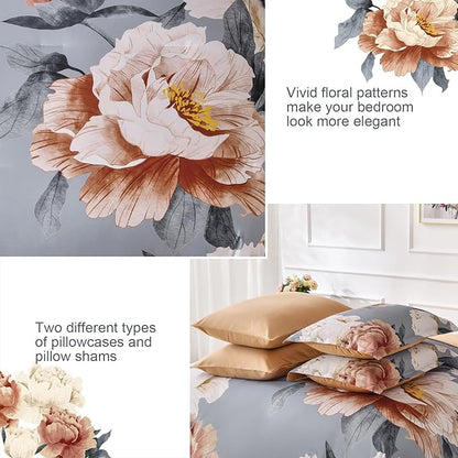 Dobuyly Floral Comforter Set Queen, Brown Flower Printed on Grey Comforter Set with Sheets, 7 Piece Botanical Bed in a Bag, Soft Microfiber Farmhouse Bedding Set for All Season