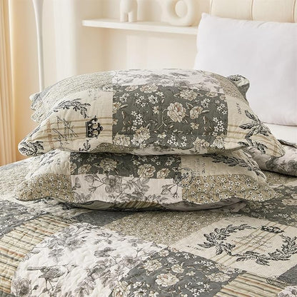 Cmfshape Floral Quilt Queen,3-Pcs Bird Pattern Queen Set,Lightweight Bedspread for Size Bed,Grey Plaid Farmhouse Reversible Bed All Season,Country Quilted Blanket(Grey&White Queen90”x90”)