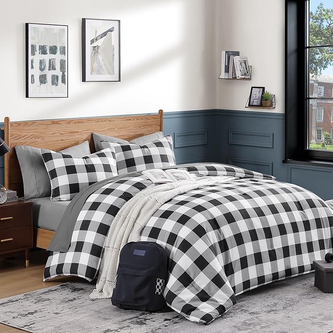Andency Black Plaid Comforter Set Queen Size (90x90 Inch), 3 Pieces (1 Gingham Comforter & 2 Pillowcases), Summer Lightweight Microfiber Buffalo Check Down Alternative Comforter Set, Black/Grey/White