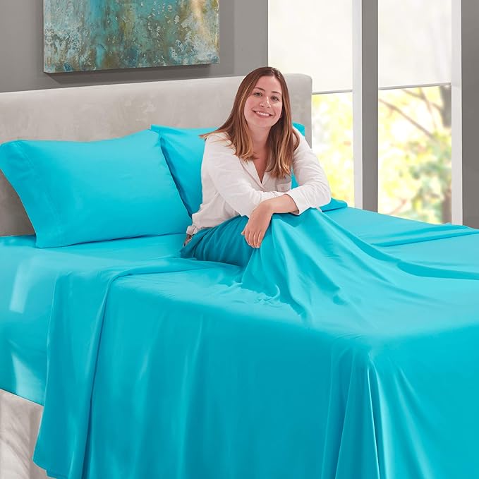 Nestl Bed Sheet Set, King - Deep Pocket, 4 Piece, Bright Blue, Microfiber
