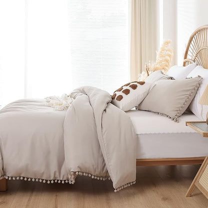 YIRDDEO Queen Comforter Set - Comforter Queen Size Sets with Ball Pom Fringe, Soft Bedding Set for All Seasons - 3 Pieces, 1 Comforter (90"x90") & 2 Pillow Shams (20"x26"), Oatmeal