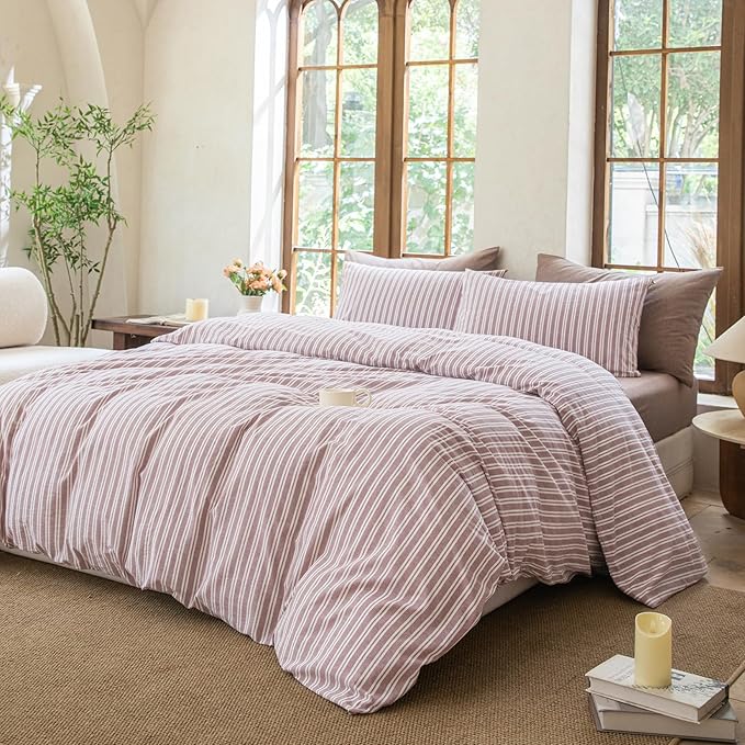 Striped Duvet Cover Set 100% Washed Cotton Linen Like Soft Feelling Breathable Bedding(Dusty Purple,King)