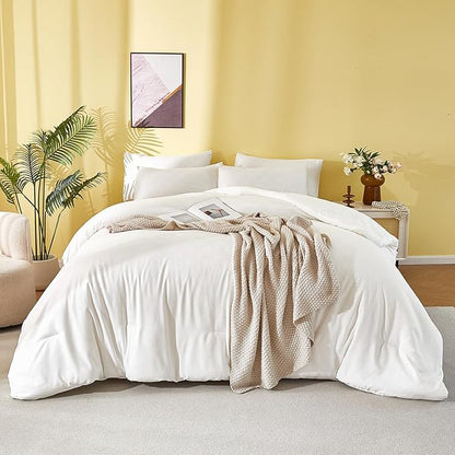 Plaid Queen Comforter Set White - Waffle Checkered Soft Shabby Chic Bedding, All-Season Lightweight Breathable with 2 Pillowcases