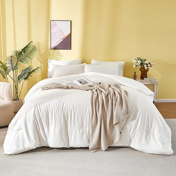 King Comforter Set - White Waffle Checkered Bedding, All-Season Lightweight Breathable Textured Thermal-Regulating Design, Pillowcases Combo for Year-Round Comfort