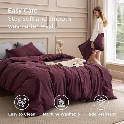 Bedsure 100% Washed Cotton Duvet Cover King Size - Burgundy Minimalist Bedding Set Linen Like - PureWoven Plain Simple & Soft Comforter Cover for All Seasons (Burgundy, King, 104"x90")