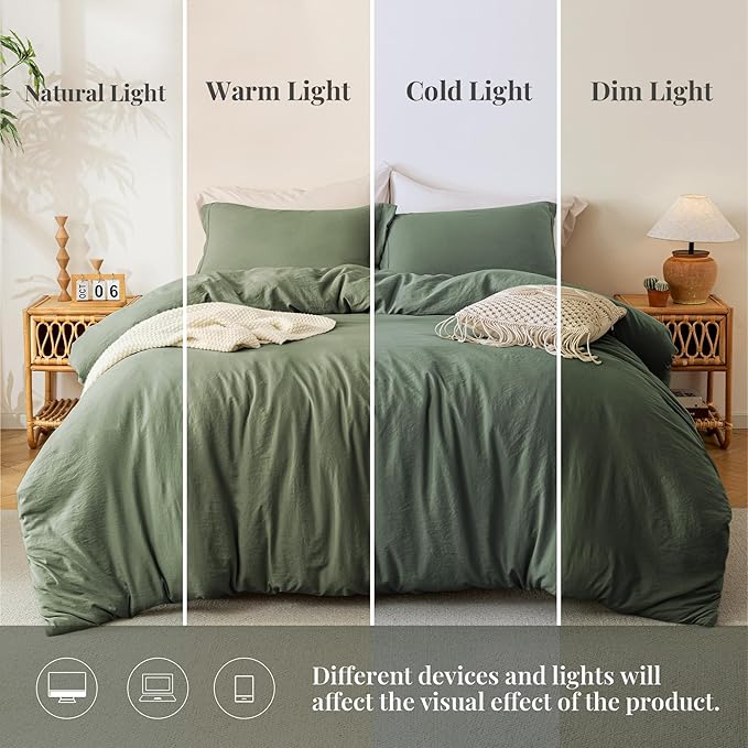 MILDLY Super Soft Duvet Cover - 100% Washed Microfiber Olive Green Comforter Cover Set 3 Pieces with Zipper Closure & Corner Ties (No Comforter)