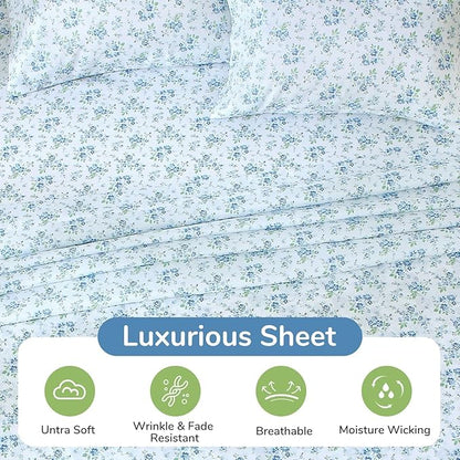 MUXHOMO Queen Size 4 Piece Sheet Set, Soft Breathable Bed Sheet Set for Bedroom with Deep Pocket Up to 16", Wrinkle-Free & Cooling Bedding for Oeko-TEX Certified - Blossoms Light Blue