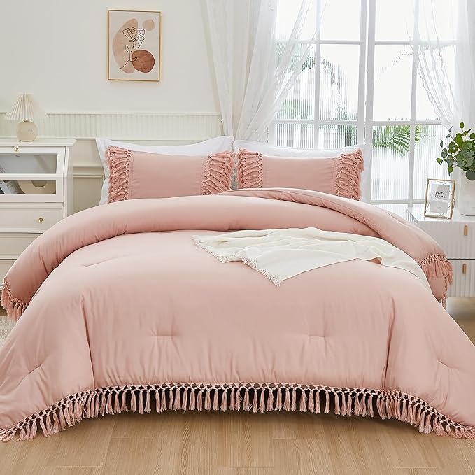 Andency Pink Comforter Set California King, 3 Pieces Boho Tassel Lightweight Soft Bedding Comforter Sets for King Bed, All Season Fluffy Fringe Bed Set (104x96In Comforter & 2 Pillowcases)