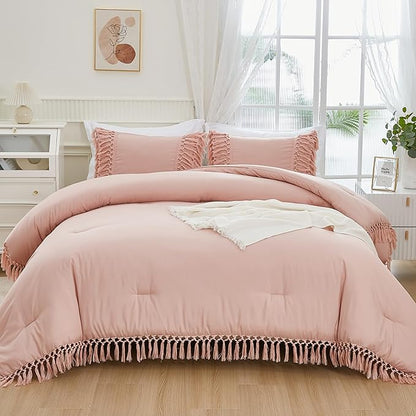 Andency Pink Comforter Set California King, 3 Pieces Boho Tassel Lightweight Soft Bedding Comforter Sets for King Bed, All Season Fluffy Fringe Bed Set (104x96In Comforter & 2 Pillowcases)