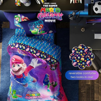 The Super Mario Galaxy Movie Bedding Set, Full Size 5 Piece Kids Super Soft Cozy Reversible Comforter and Sheet Set, (Officially Licensed Product) By Franco | Durable, Reversible, Officially Licensed
