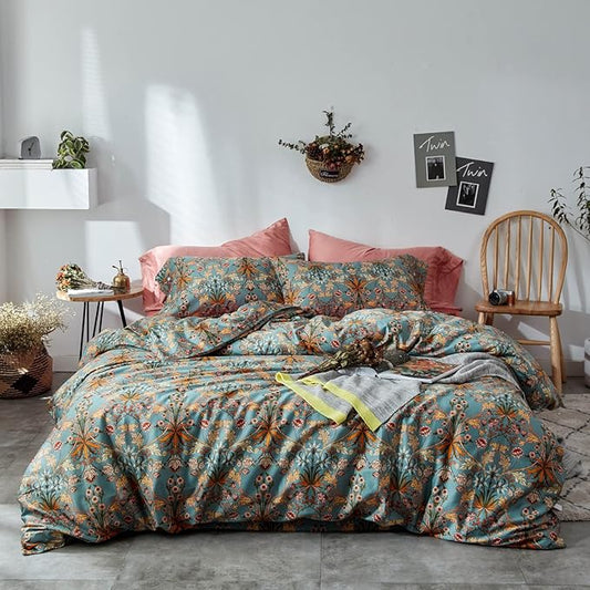 mixinni Vintage Style Garden Flower Duvet Cover Set with Zipper Closure Long Staple Percale Cotton Yellow Vibrant Pattern on Bedding Quilt Cover Set(King, All Season)