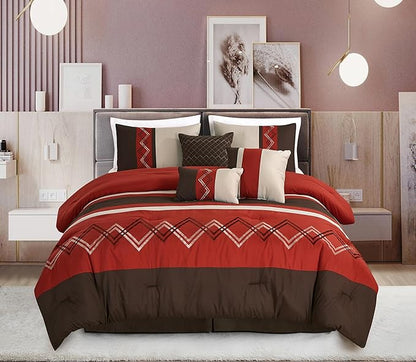 Chezmoi Collection Arden 7-Piece Modern Pleated Stripe Embroidered Zigzag Bedding Comforter Set (Full, Spice/Brown/Coffee Cream)