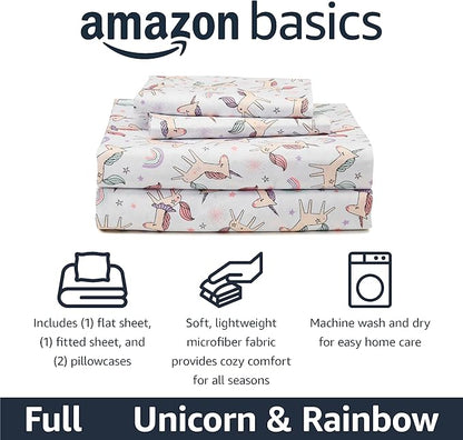 Amazon Basics Microfiber Kids' Sheet Set with Pillowcase, 4 Piece, Full, Unicorn and Rainbow