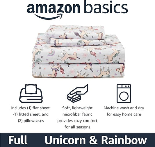 Amazon Basics Microfiber Kids' Sheet Set with Pillowcase, 4 Piece, Full, Unicorn and Rainbow