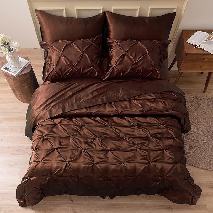 MR&HM Satin Comforter Set Oversized Queen, 7 Piece Bed in a Bag, Silky Soft All Season Bed Set, Luxury Pinch Pleat Bedding Set with Comforter, Sheets, Pillowcases & Shams, Brown