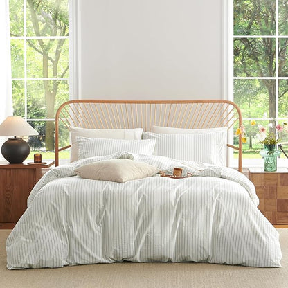 Nayoroom Striped Duvet Cover Queen Size 100% Washed Cotton White Green Stripe Duvet Cover 3 Pieces Soft Breathable Girls Dorm Bedding Set for All Seasons, Yarn Dyed Process