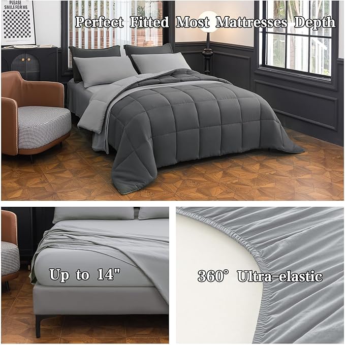 Twin XL Comforter Set - 7-Piece Gray Bedding with Ultra Soft Reversible Lightweight Comforter, Bed Skirt, Flat Sheets, Pillowcases & Pillow Shams