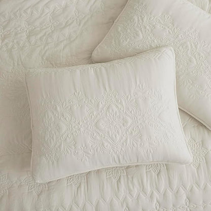 B2EVER Boho Light Beige Quilt King Size Bedding Sets with Pillow Sham, Bohemian Lightweight Bedspread Coverlet, Farmhouse Floral Vintage Thin Comforter Bed Cover All Season, 3 Pieces, 104x90 inches