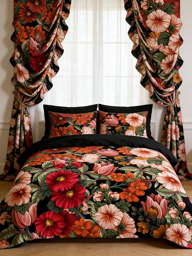 Black Floral Comforter Set King Size, 3 Pcs Vintage Floral Bedding Set for Women, American Retro Microfiber Lightweight Comforter with 2 Pillowcases/104 x90, Black Red
