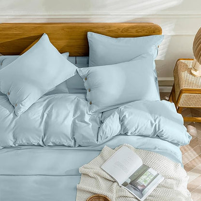 JELLYMONI Cotton Duvet Cover Cal King Size - Light Blue Comforter Cover with Button 100% Washed Cotton 3PCS Breathable Soft Solid Bedding Set Duvet Cover 104×98in & 2 Pillowcases (NO Comforter)