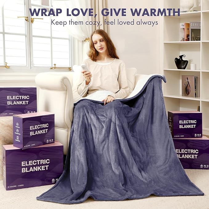 Heated Blanket Twin Size 62" x 84" - Soft Cozy Flannel Sherpa Electric Blanket Twin with 5 Heating Levels & 10 Hours Auto Off, Machine Washable and Ideal Gift for Grandma (Purple)