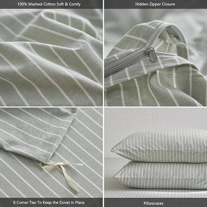 MooMee Striped Duvet Cover Set 100% Washed Cotton Linen Like Textured Breathable Durable Soft Comfy (Sage Green White Wide Stripes, Twin 68"x90")