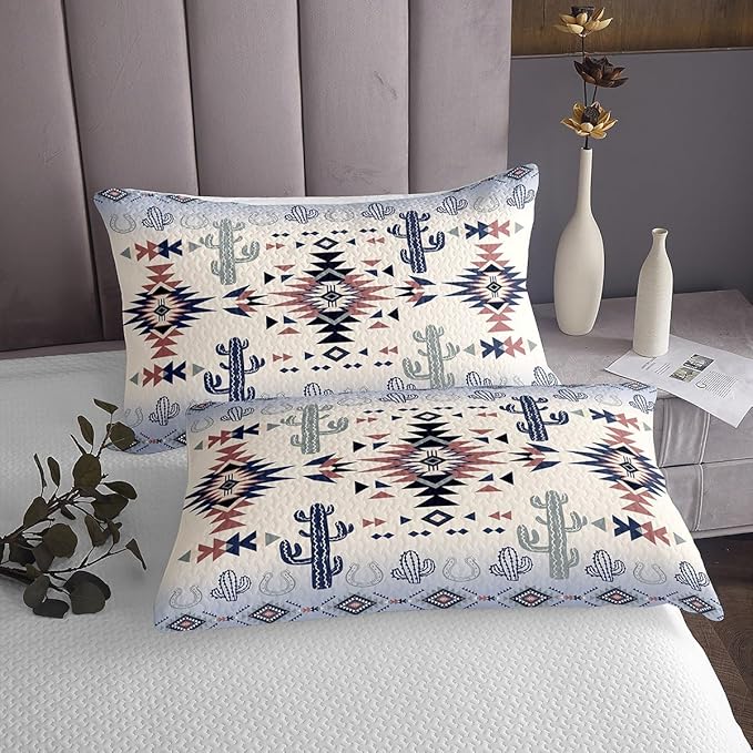 Manfei Geometric Aztec Bedspread King Size,Horseshoe Cactus Western Cowboy Cowgirl Coverlet Set,Boys Girls Room Decor,Arrow Native Tribal Quilted Coverlet,Bohemia Retro Bedding Quilt,2 Pillowcases