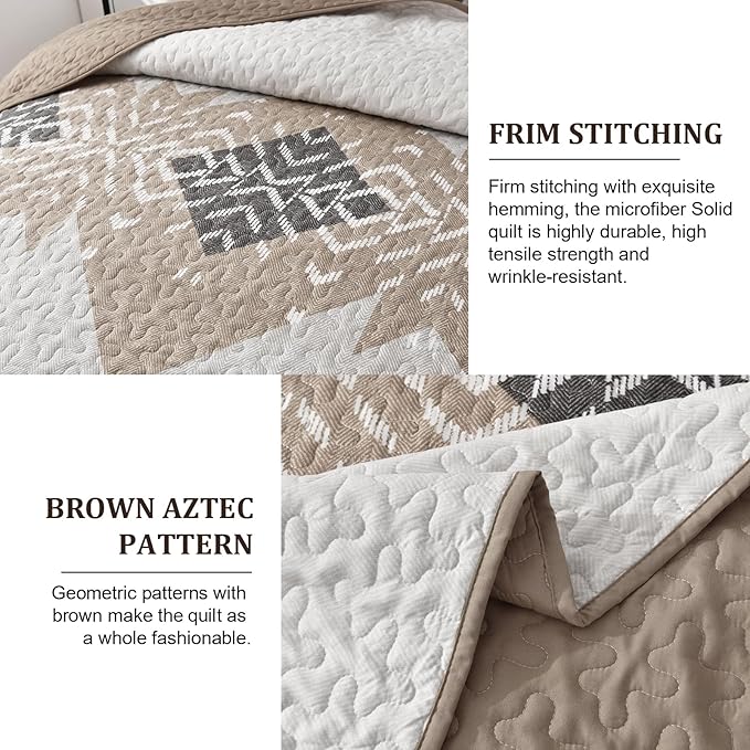 Dintszyayue Boho Quilt California King Size,3 Piece Aztec Texture Bedspread Coverlet Set Khaki Soft Quilt Set Lightweight Bedding Set Geometric Bohemian Bedspread with 2 Pillowcases(Khaki,96"x112")