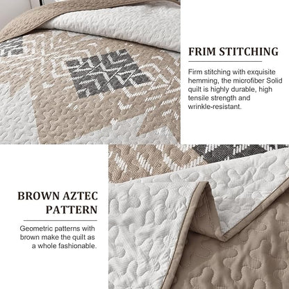 Dintszyayue Brown Boho Quilt Set Queen,3 Pieces Aztec Texture Quilt with 2 Pillowcases,Bohemian Geometric Bedspread Bedding Set Microfiber Quilted Coverlet Set for All Seasons Queen Size(90"×96")