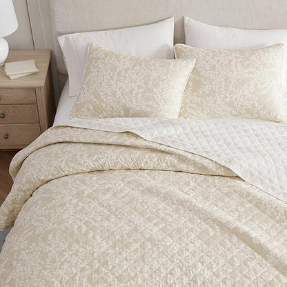 Martha Stewart - Twin Quilt Set, 100% Cotton Reversible Bedding Set, Incredibly Soft Feel for Year Round Comfort, 2 Piece Bed Set with Matching Pillowcase (Layered Branches Beige)