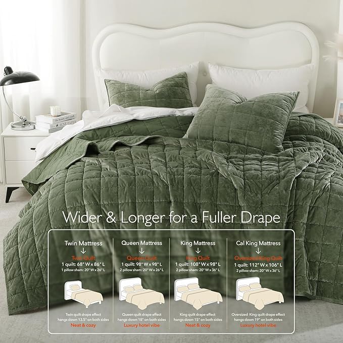 KASENTEX Greek Velvet Twin Quilt Set, 3× Softer Luxe Sheen, 100% Cotton Backing, 150GSM Down-Alternative Fill, Expanded 68×90" Coverage for Fuller Side Drape (1 Quilt + 1 Pillow Shams), Loden Green