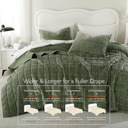 Oversized King Greek Velvet Quilt Set, 3× Softer Luxe Sheen, 100% Cotton Backing, 150GSM Down-Alternative Fill, Extra-Wide 112×106" Hotel-Style Luxury Coverage (1 Quilt + 2 Pillow Shams), Loden Green