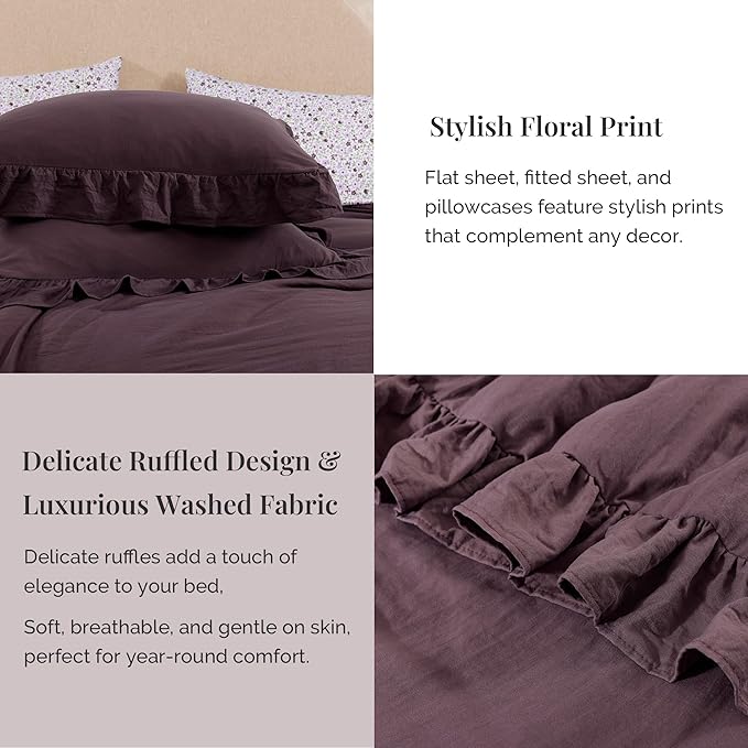 Oversized Queen Comforter Set - 7 Pieces Ruffle Dark Purple Bedding Sets, Shabby Chic Farmhouse Bed in a Bag with Ruffle Comforter, Floral Sheets, Pillowcases & Shams