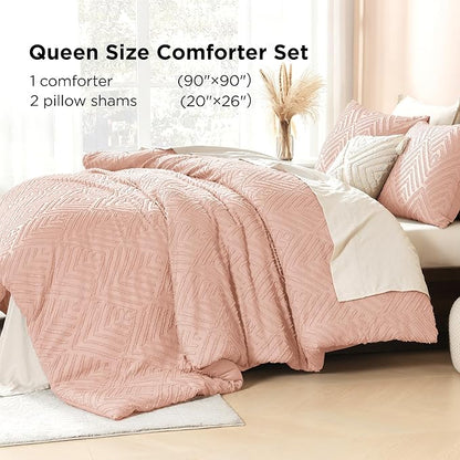 Litanika Blush Pink Queen Comforter Set, 3 Pieces Tufted Boho Farmhouse Bedding Comforter Sets, Lightweight Fluffy Comforter Bed Set for All Season (90x90In Comforter and 2 Pillowcases)