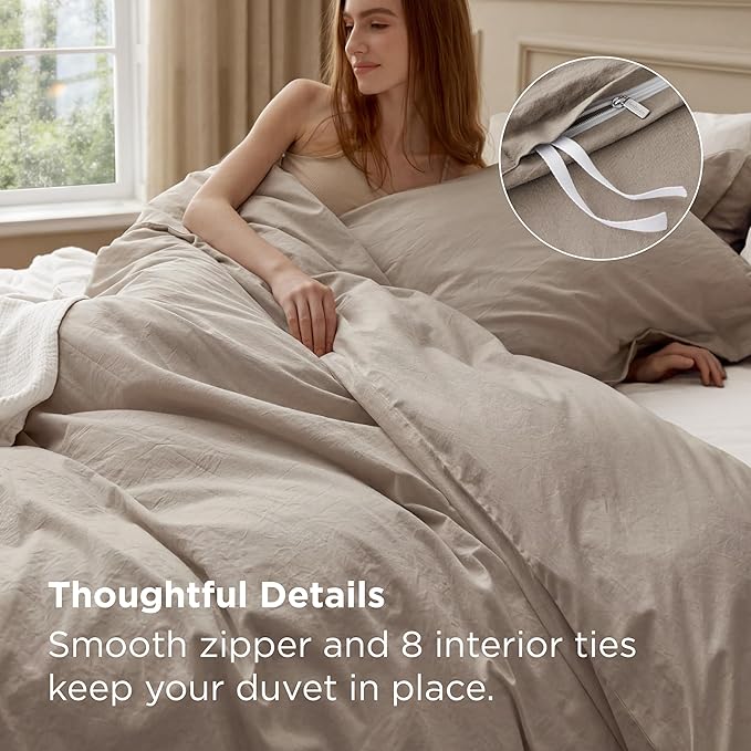 Bedsure 100% Washed Cotton Duvet Cover Oversized Queen - Tannish Linen Grey Minimalist Cotton Duvet Cover Set for All Seasons - Plain Simple Bedding Set (Tannish Linen Grey, Oversized Queen, 98"x98")