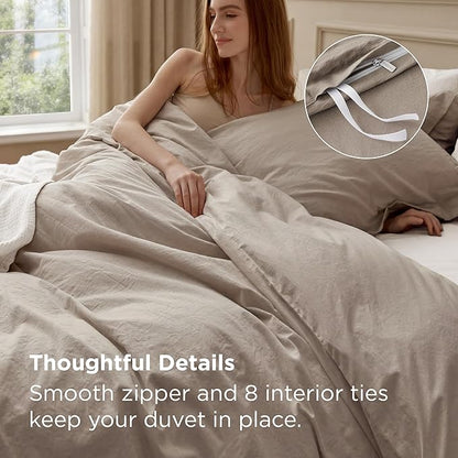 Bedsure 100% Washed Cotton Duvet Cover Oversized Queen - Tannish Linen Grey Minimalist Cotton Duvet Cover Set for All Seasons - Plain Simple Bedding Set (Tannish Linen Grey, Oversized Queen, 98"x98")