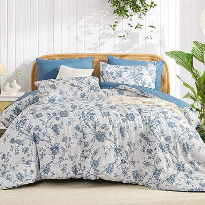 Luxudecor Floral Comforter Set Queen Size 7 Pieces, Blue Flower with Bird Bed in a Bag, Soft Reversible Comforter with Sheet Bed Set 90"x90"