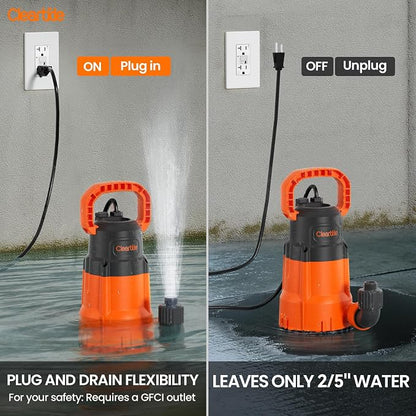 Submersible Utility Water Pump, 1/3 HP 2790 GPH Portable Sump Pump with Copper Motor, Plug and Work for Pond, Garden Watering, Pool or Hot Tub Water Transfer