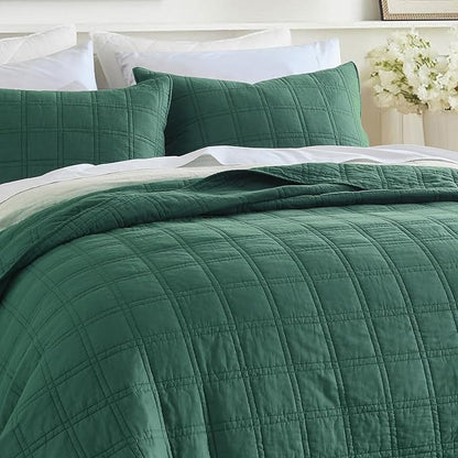 HORIMOTE HOME 100% Cotton Quilt Set Queen Size, Dark Green Pre-Washed Bedspreads Coverlet Set in Geometric Pattern, Cozy Lightweight Stitching Decorative Bedding Cover with 2 Shams for All Season