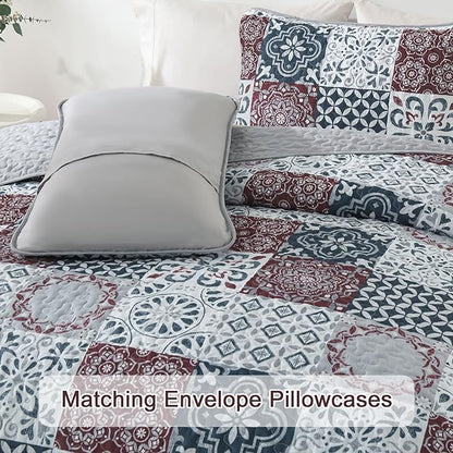 Dobuyly Patchwork Quilt Set Queen Size Boho Plaid Bedspread Red Grey Quilt Coverlet Set, 3 Pieces Soft Microfiber Lightweight Farmhouse Summer Bedding Set for All Seasons 96"x90"