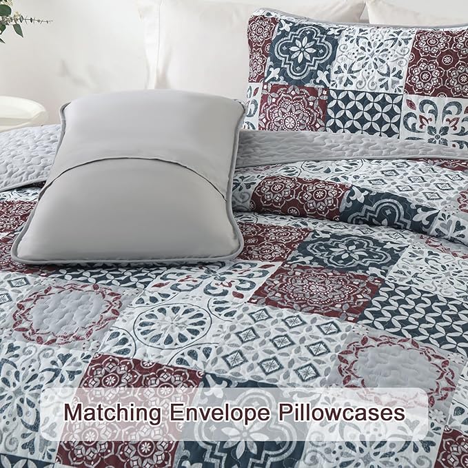 Dobuyly Patchwork Quilt Set King Size Boho Plaid Bedspread Red Grey Quilt Coverlet Set, 3 Pieces Soft Microfiber Lightweight Farmhouse Summer Bedding Set for All Seasons 110"x90"