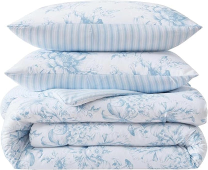 Laura Ashley - Twin Comforter Set, Soft & Reversible Floral Bedding with Bonus Bed Sheets & Pillowcases, 5 Piece Bed Set for Year Round Comfort (Delphine Saras/Sprig Blue)