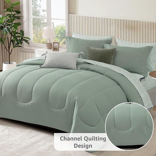 Monbix Queen Comforter Set - 7 Pieces Sage Green Bed in a Bag Queen Track Stitching Bedding Sets, All Seasons Comforter Bed Set with Sheets, Pillowcases & Shams